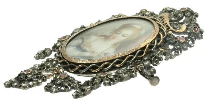 Romantic brooch pendant with painted miniature on ivory and paste stones (image 6 of 9)